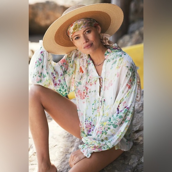 SABINA MUSAYEV Bazooka Puff Sleeve Tie Top In White Floral - Picture 3 of 9